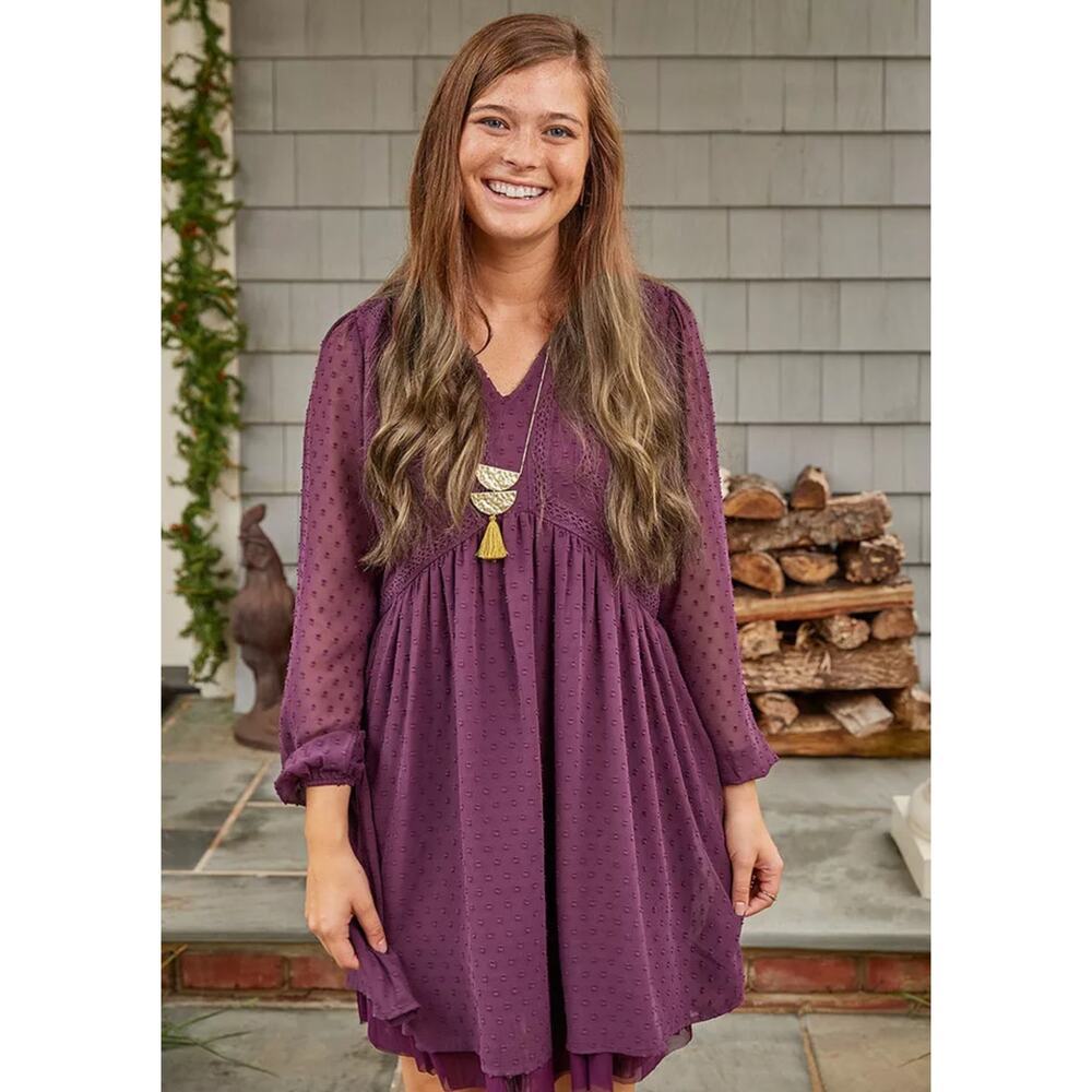 Matilda Jane Festive Fancy Swiss Merlot Purple‎ Boho Textured Mini Dress Sz S